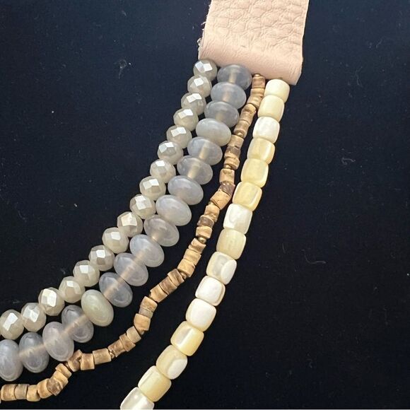 Multi Layered Semi Precious Stone Beaded Leather Strap Necklace, Tan/Grey - Picture 3 of 6
